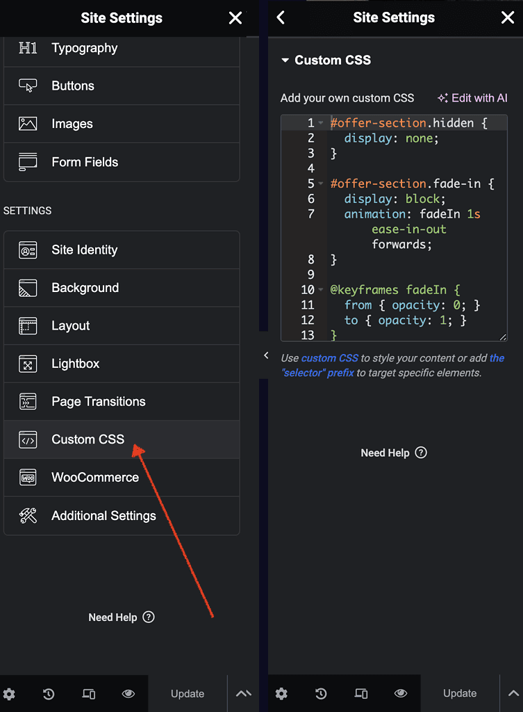 Add custom Css in elementor - Time Delay Sections in Elementor (Have Sections Display after a Certain Time)