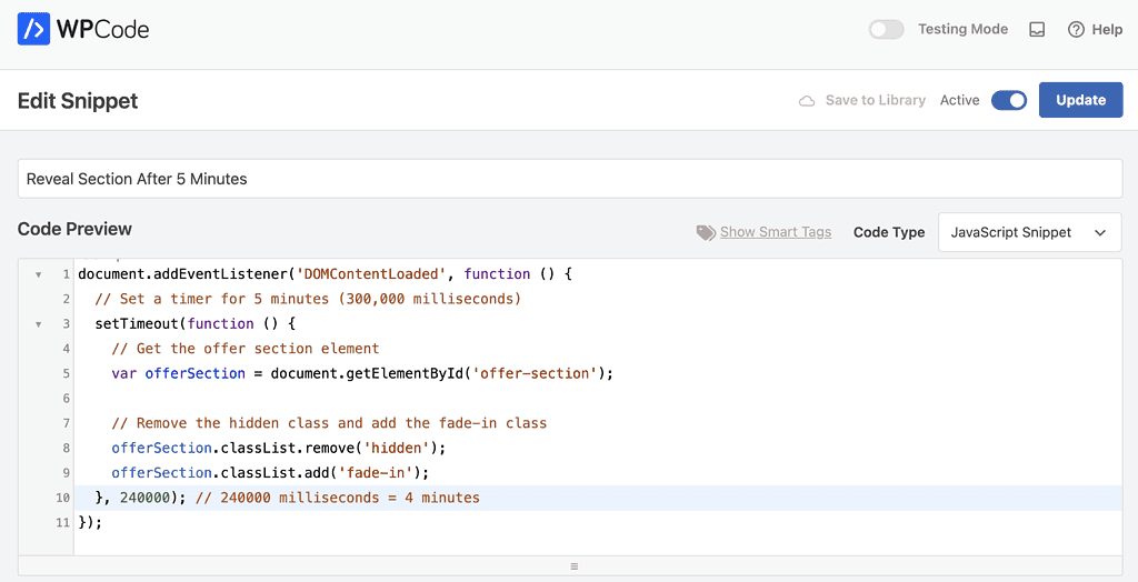 Edit snippet add code - Time Delay Sections in Elementor (Have Sections Display after a Certain Time)