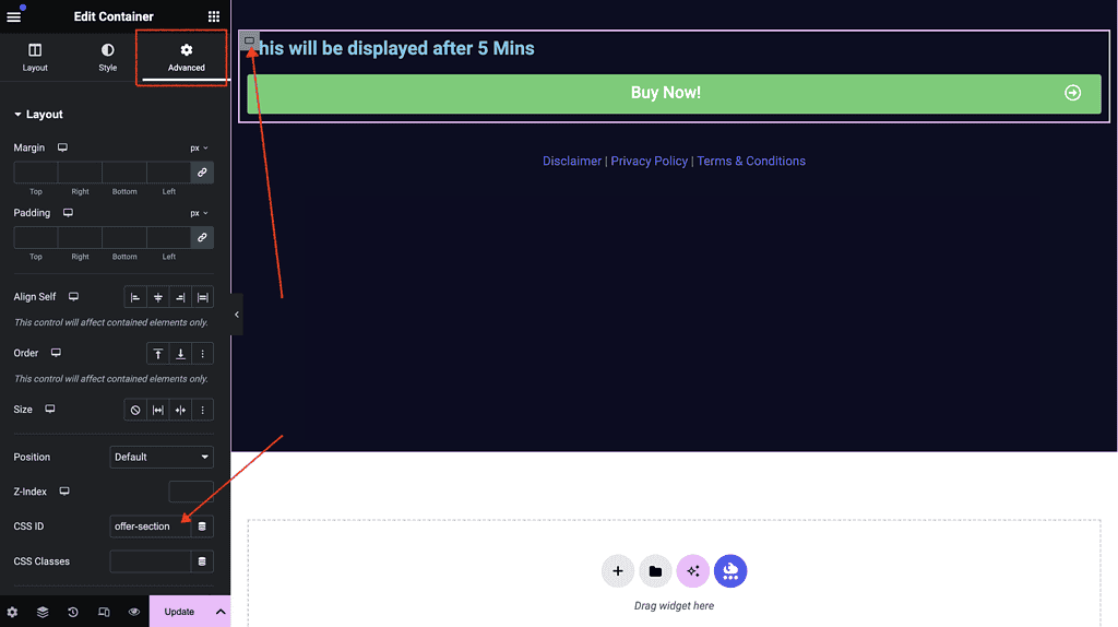 Select the section that needs to be hidden till 5 mins - Time Delay Sections in Elementor (Have Sections Display after a Certain Time)